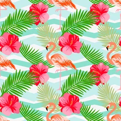 Abwaschbare Fototapete Seamless floral vector summer pattern with tropical leaves, flamingo, hibiscus on a geometric background.. © LilaloveDesign