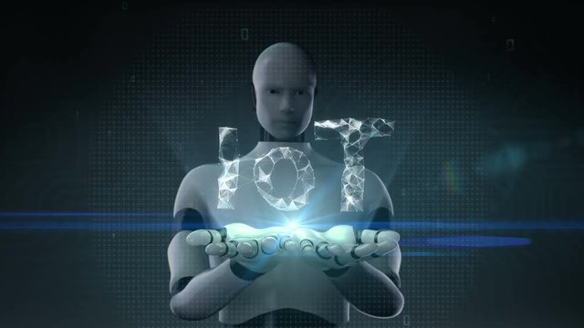 Robot, cyborg opens two palms, Numerous dots gather to create a IoT sign, Internet of thing concept, low-polygon web. 4k animation movie.