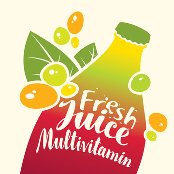 Vector banner with bottle, green leaves and inscription fresh juice multivitamin and drops
