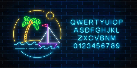 Glowing neon summer sign with sailing ship and island with palm in ocean in round frames with alphabet.