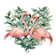 Watercolor heart with pink flamingo and eucalyptus leaves. Hand painted pink flamingo and leaves isolated on white background. Floral illustration for design, fabric, card. - obrazy, fototapety, plakaty