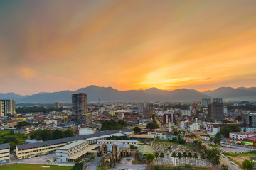 Scenery of Sunset at Ipoh,Perak,Malaysia with aerial view. Soft focus,Blur due to Long Exposure. Visible Noise due to High ISO.