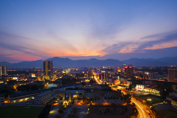 Fototapeta na wymiar Aerial View of Ipoh City,Malaysia during Sunset.Soft Focus,Blur due to Long Exposure.