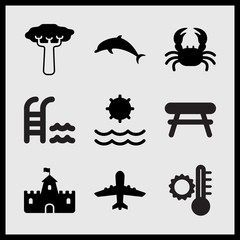 Simple 9 set of Summer related airplane upward, baobab, garden table and summer temperature vector icons