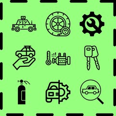 Simple 9 icon set of service related cab, engine, extinguisher and car repair vector icons. Collection Illustration