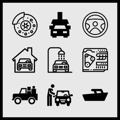 Simple 9 icon set of car related brake, car repair, car wash and car vector icons. Collection Illustration