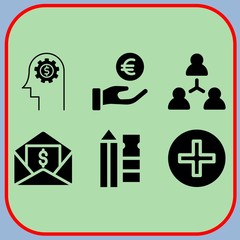 Simple 6 icon set of business related pencil, add, get money and dollar vector icons. Collection Illustration