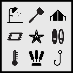 Fototapeta premium Simple 9 set of Summer related frying tool, hook, two surfing boards and beach towel vector icons