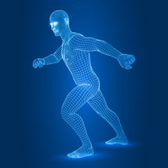 digital man figure in running pose 3d wireframe style vector illustration
