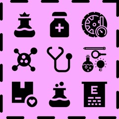Simple 9 icon set of medicine related oculist, box, flask and science vector icons. Collection Illustration