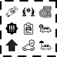 Simple 9 icon set of finance related parking ticket, insurance, promotions and insurance vector icons. Collection Illustration