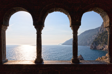 Ligurian coast seen from the arcade of the church of San Pietro in Porto Venere