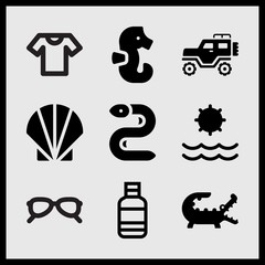 Simple 9 set of Summer related water bottle, eel, jeep and seashell vector icons