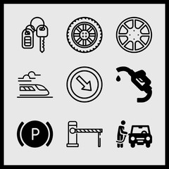 Simple 9 icon set of car related parking, alloy wheel, detour and refuel vector icons. Collection Illustration