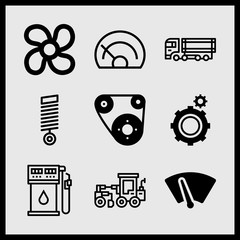 Simple 9 icon set of car related windshield, gears, speedometer and truck vector icons. Collection Illustration