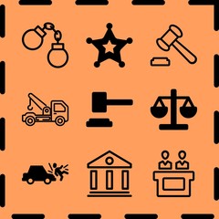Simple 9 icon set of legal related courthouse, handcuffs, car run over man and tow truck vector icons. Collection Illustration