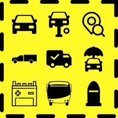 Simple 9 icon set of business related umbrella car, car parts, modern bus and deliver truck silhouette vector icons. Collection Illustration