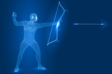 Fototapeta na wymiar digital man figure as archer, 3d wireframe style vector illustration.