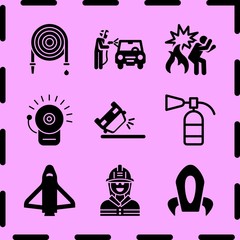 Simple 9 icon set of fire related hose, space rocket ship, shuttle and overturned car vector icons. Collection Illustration