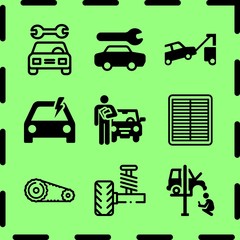 Obraz na płótnie Canvas Simple 9 icon set of service related air filter, car repair, problem electric and timing belt vector icons. Collection Illustration
