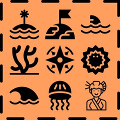 Naklejka premium Simple 9 icon set of sea related [iconsRandom:4] vector icons. Collection Illustration