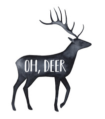 Black watercolour silhouette of beautiful deer character with text phrase: 