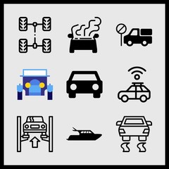 Simple 9 icon set of car related car, car, large boat and stop truck vector icons. Collection Illustration