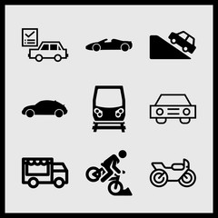 Simple 9 icon set of car related accident, car repair check list, racing motorbike and sports car top down silhouette vector icons. Collection Illustration