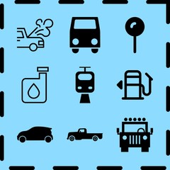 Simple 9 icon set of travel related old pickup, streetcar, frontal van and fuel vector icons. Collection Illustration