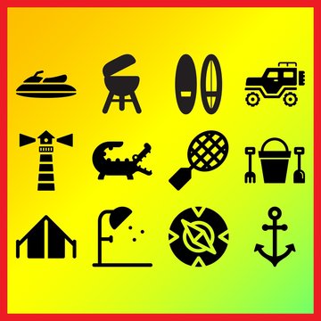 Lighthouse on, open grill and boat anchor related icons set