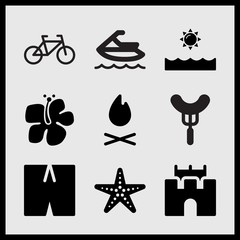 Simple 9 set of Summer related seastar with dots, sky board on sea, bike and sand castle vector icons