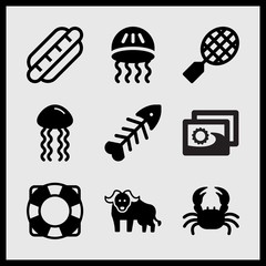 Simple 9 set of Summer related buffalo, tennis, fishbone and sea jellyfish vector icons