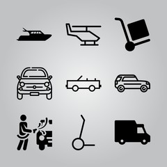 Simple 9 icon set of transport related transportation truck, car, trolley and segway vector icons. Collection Illustration