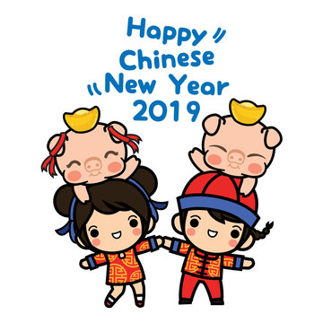 Happy Chinese new year 2019 , year of pig , Cute Pig with gold on kid's head, boy and girl , Cartoon Style, vector illustration isolated on white background