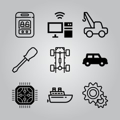 Simple 9 icon set of electronics related gears, cpu, ship and computer vector icons. Collection Illustration