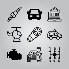 Simple 9 icon set of electronics related car, online education, gear and helicopter vector icons. Collection Illustration