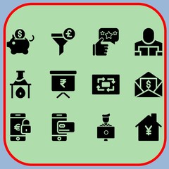 Simple 12 icon set of business related flask, student, piggy bank and presentation vector icons. Collection Illustration