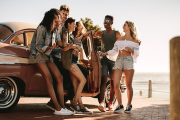 Friends having fun outdoors on road trip