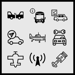 Simple 9 icon set of car related bus with compass, aeroplane, car accident and helicopter profile vector icons. Collection Illustration