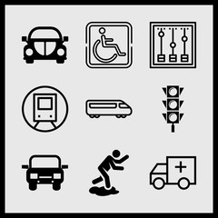 Simple 9 icon set of car related parking, settings, truck and fast train vector icons. Collection Illustration