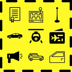 Simple 9 icon set of business related helicopter, plane ticket, long car and megaphone vector icons. Collection Illustration