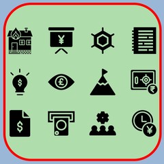 Simple 12 icon set of business related benzene, time is money, presentation and team vector icons. Collection Illustration