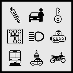Simple 9 icon set of car related shock absorber, man with car, car key and car wash vector icons. Collection Illustration