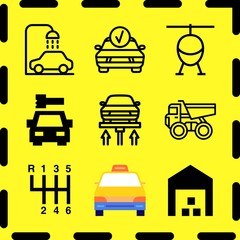 Simple 9 icon set of business related helicopter, fix sign, driving gear controls and warehouse vector icons. Collection Illustration