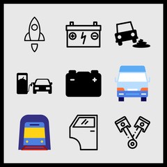 Simple 9 icon set of car related battery, rocket, car door and accumulator vector icons. Collection Illustration