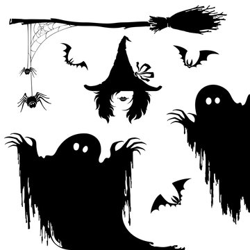 Halloween icon set.Witch,nightmare monster,broom and spiderweb.