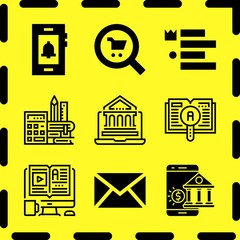 Simple 9 icon set of online related online banking, elearning, search and learning vector icons. Collection Illustration