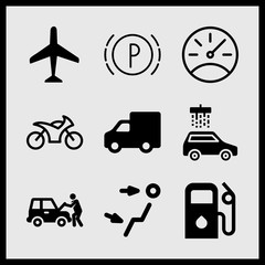 Simple 9 icon set of car related car wash, air outlet, speedometer and airplane vector icons. Collection Illustration