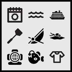 Simple 9 set of Summer related cruise liner, summer calendar, sea waves and beach chair vector icons