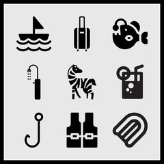 Simple 9 set of Summer related suitcase with wheels, zebra, hook and fresh drink vector icons